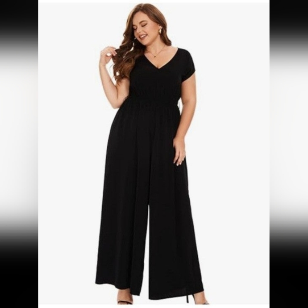 Women's Plus V neck Elastic waist Sleeveless Zip Back Jumpsuit